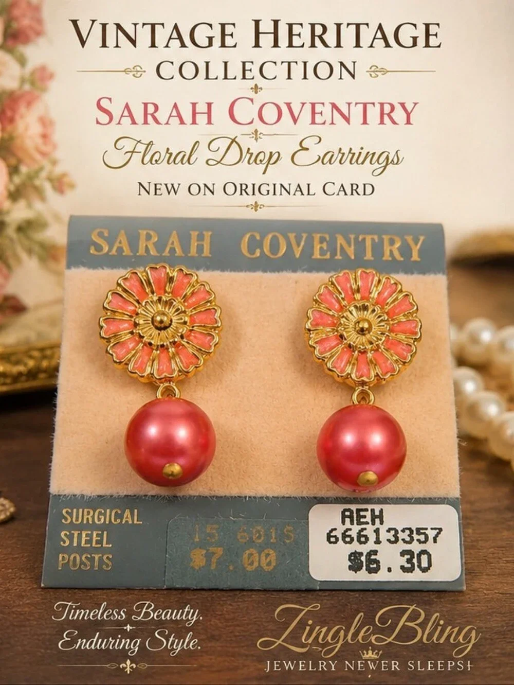 Vintage Sarah Coventry Pink Enamel Floral Pearl Drop Earrings NOS